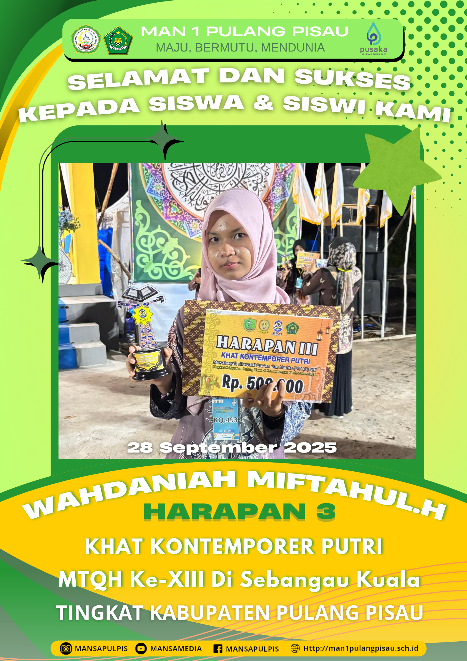 SISWI MAN 1 PULANG PISAU PLUS KETERAMPILAN MERAIH JUARA 2 DALAM MTQH KE-XIII TINGKAT KABUPATEN PULANG PISAU TAHUN 2025